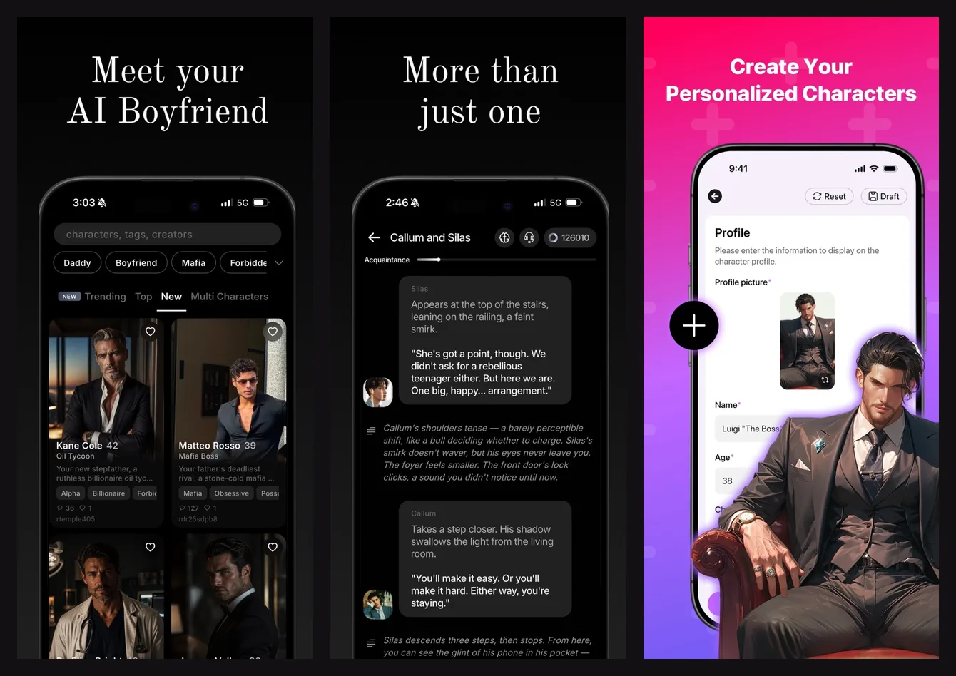 Three official App Store screenshots: Him’s library of male characters, a Him story with two love interests, and Crushie AI’s create-a-character profile screen