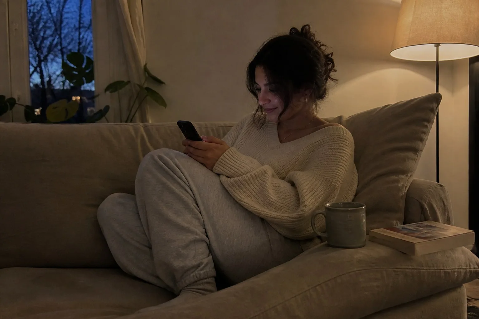 A woman curled up on a sofa in the evening, smiling at her phone