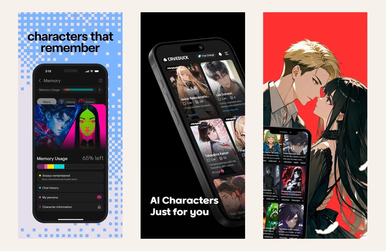 Three official App Store screenshots: Character.AI memory settings, Caveduck’s character library and a Lizlis character chat