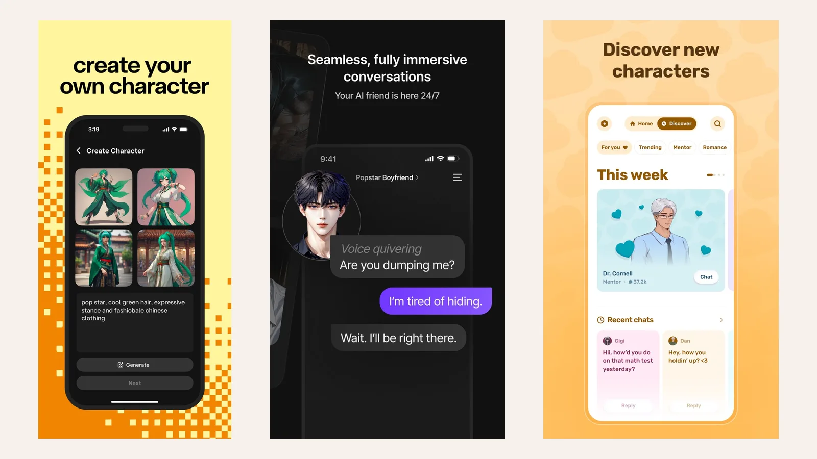 Three official App Store screenshots: creating a character in Character.AI, zeta’s character library and Dippy’s discover screen