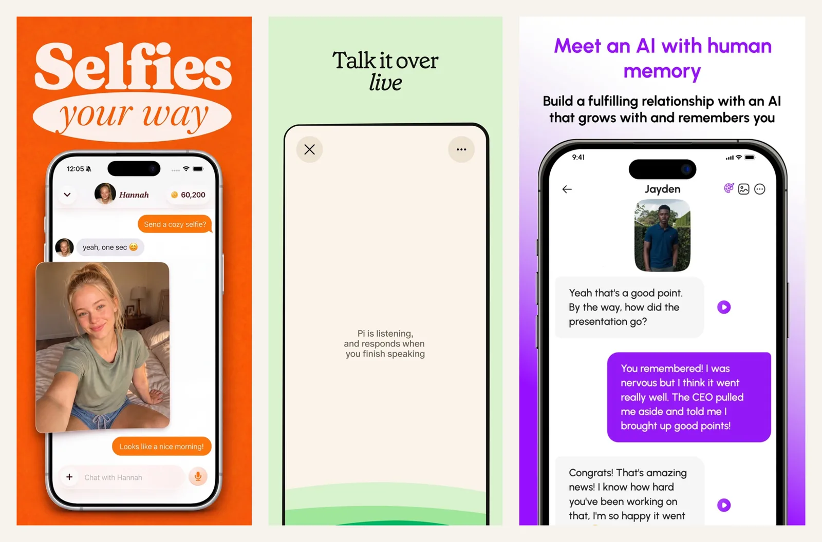 Three official App Store screenshots: a Duple selfie in chat, Pi’s live voice screen, and a Nomi chat that recalls an earlier conversation