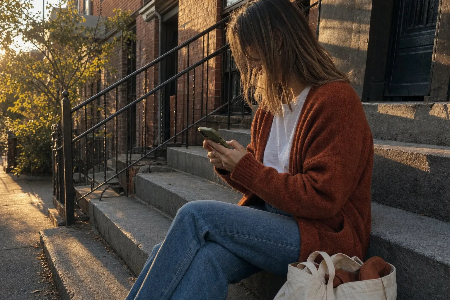 A woman sitting on apartment steps at golden hour, looking at her phone