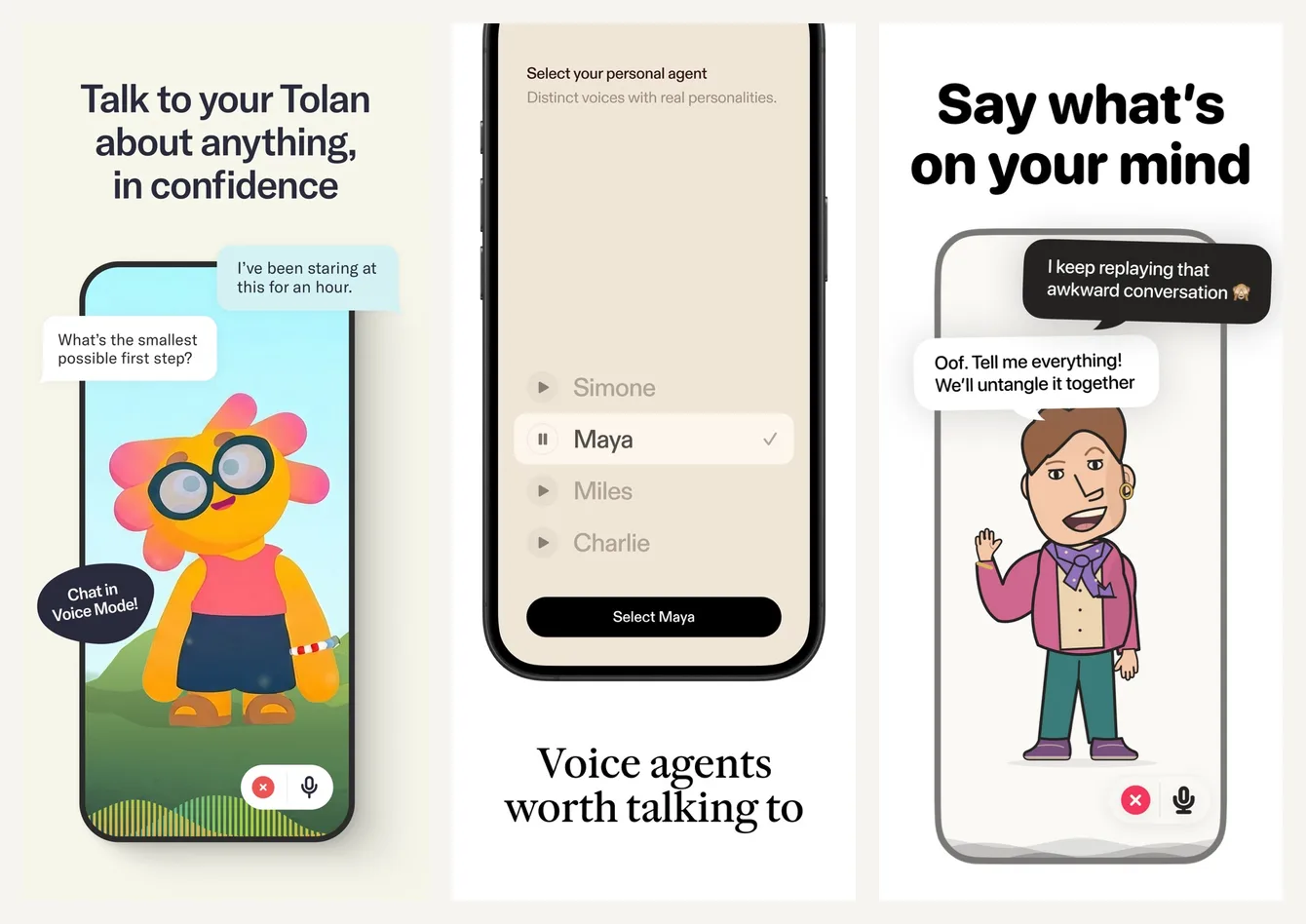 Three official App Store screenshots: a Tolan character in a chat with voice mode, choosing a Sesame character, and a Fellow cartoon character on a voice call