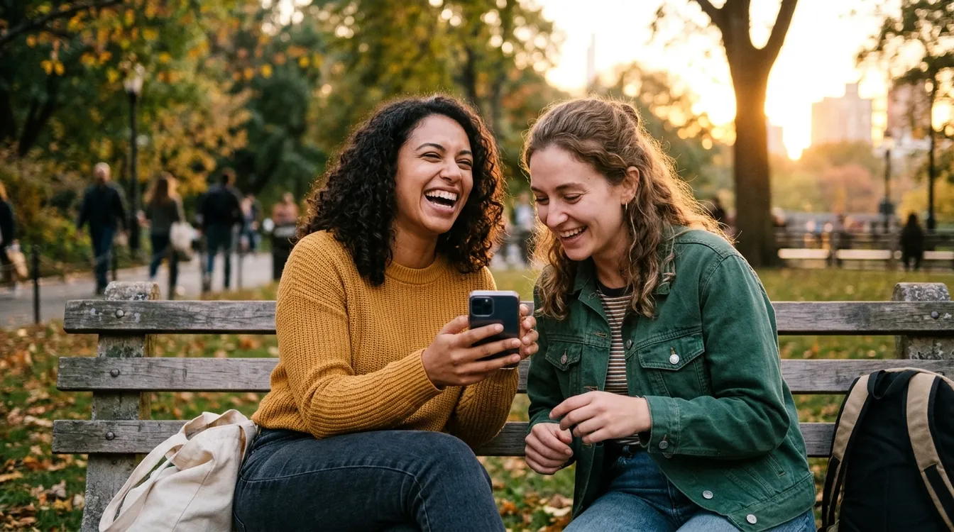 Two friends on a park bench at sunset, one laughing as she shows the other a chat on her phone