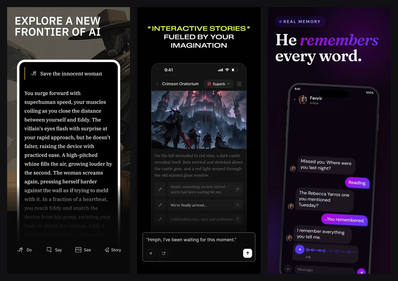 Three official App Store screenshots: an AI Dungeon adventure with Do, Say, See and Story buttons, an OOC anime story scene, and a Heyyyy chat where a character remembers a detail
