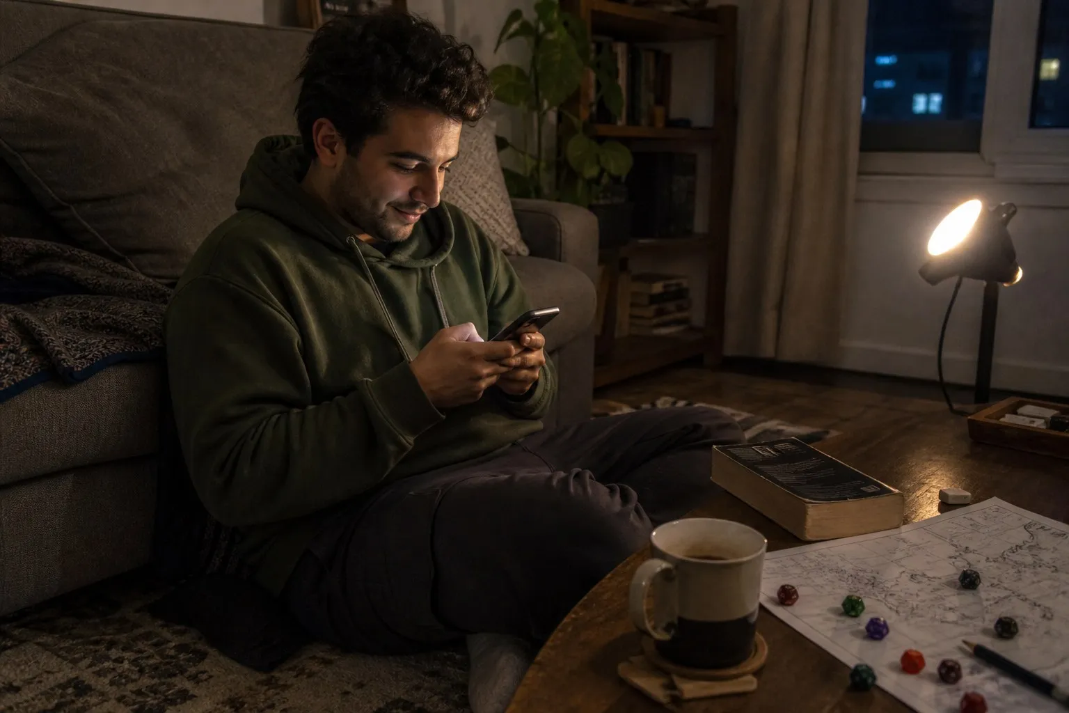 A man sitting on a living room rug at night, smiling at his phone beside a map, dice and a mug
