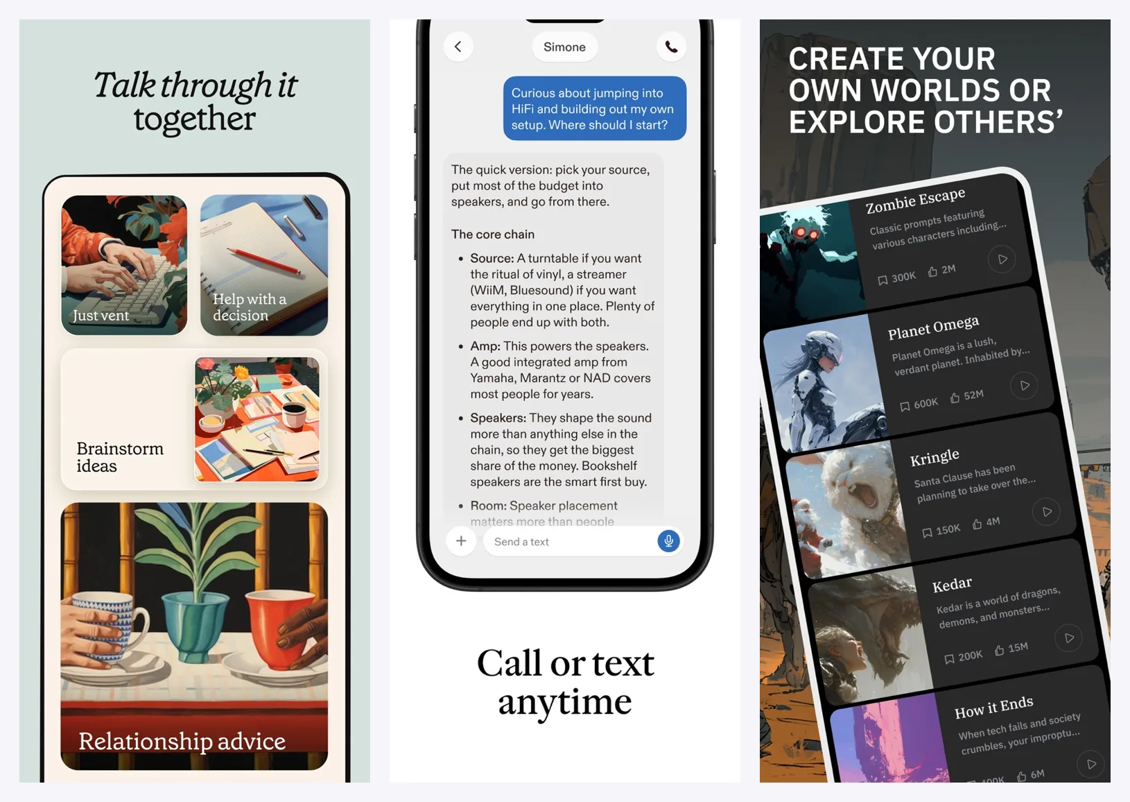 Three official App Store screenshots: Pi’s talk-it-through home screen, a Sesame text chat with Simone, and AI Dungeon’s scenario library