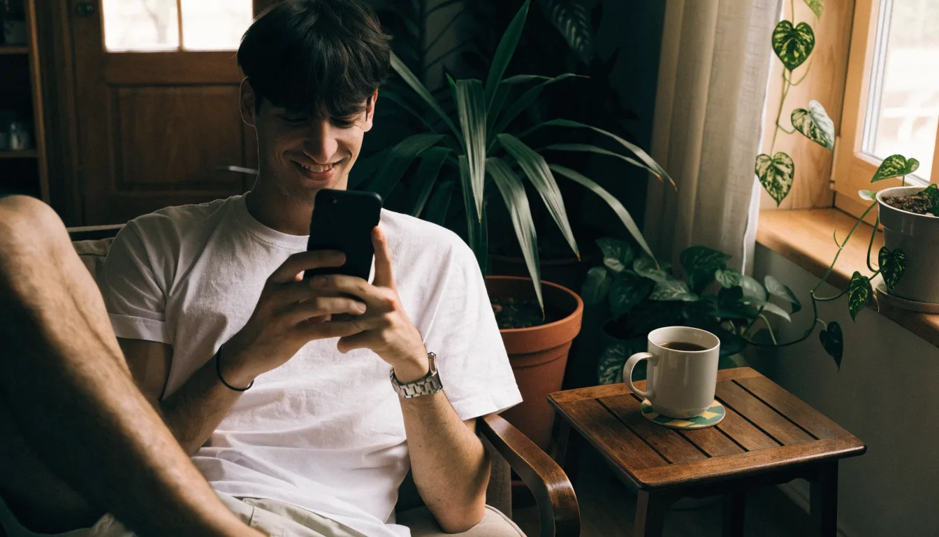 A man relaxing on a couch at home, smiling at his phone, with plants and a coffee cup nearby