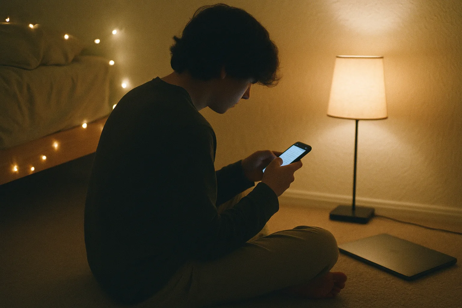 A person sitting on a bedroom floor at night searching companion apps on their phone