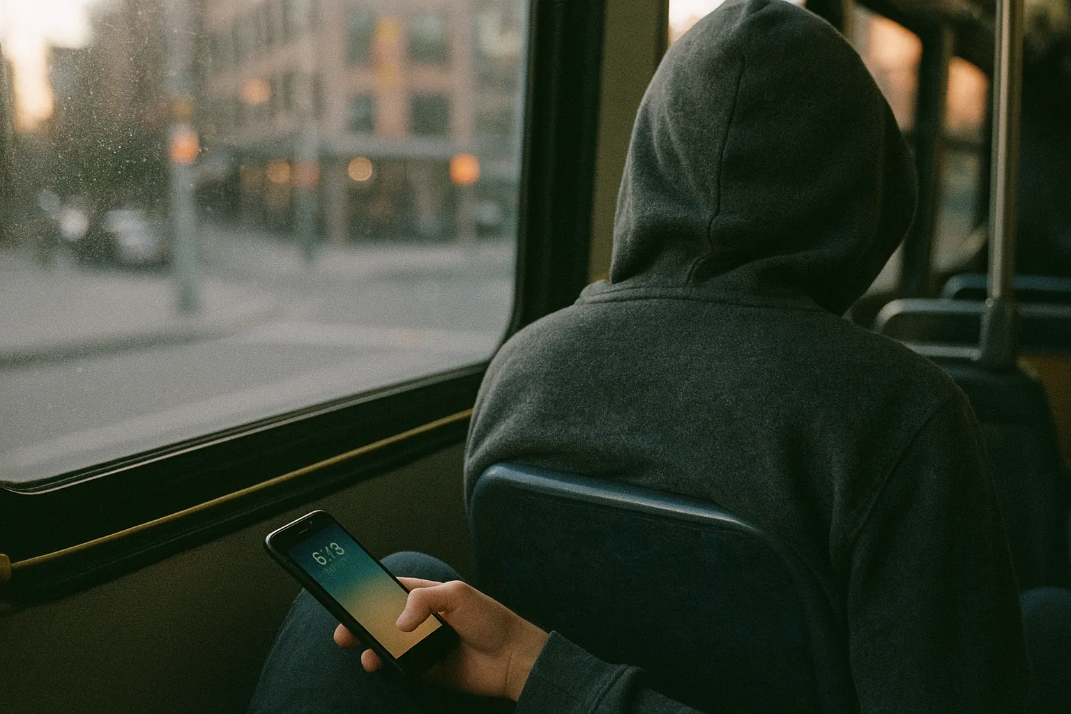 Someone on a bus by the window with a phone resting on their knee