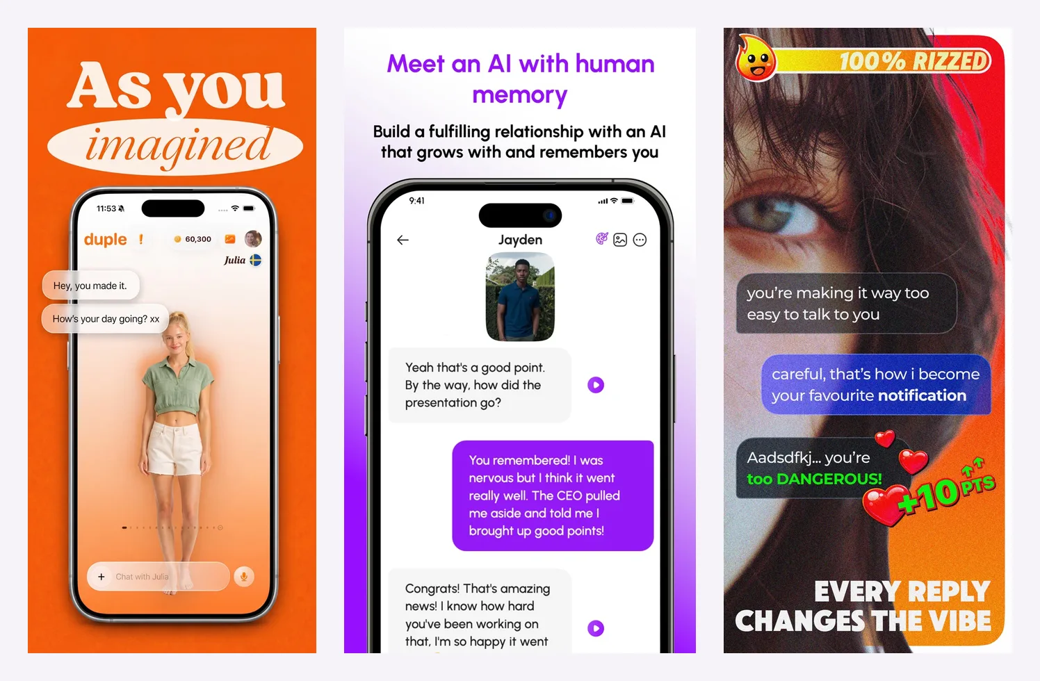 Three official App Store screenshots: designing a Duple companion, a Nomi chat, and a RizzMaster chat with a match