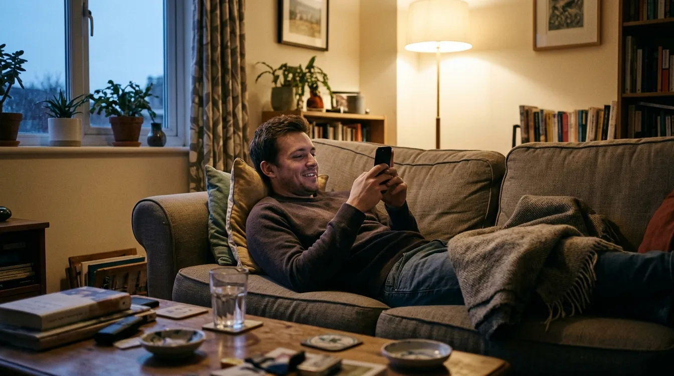 A man relaxing on a sofa in the evening, smiling at his phone