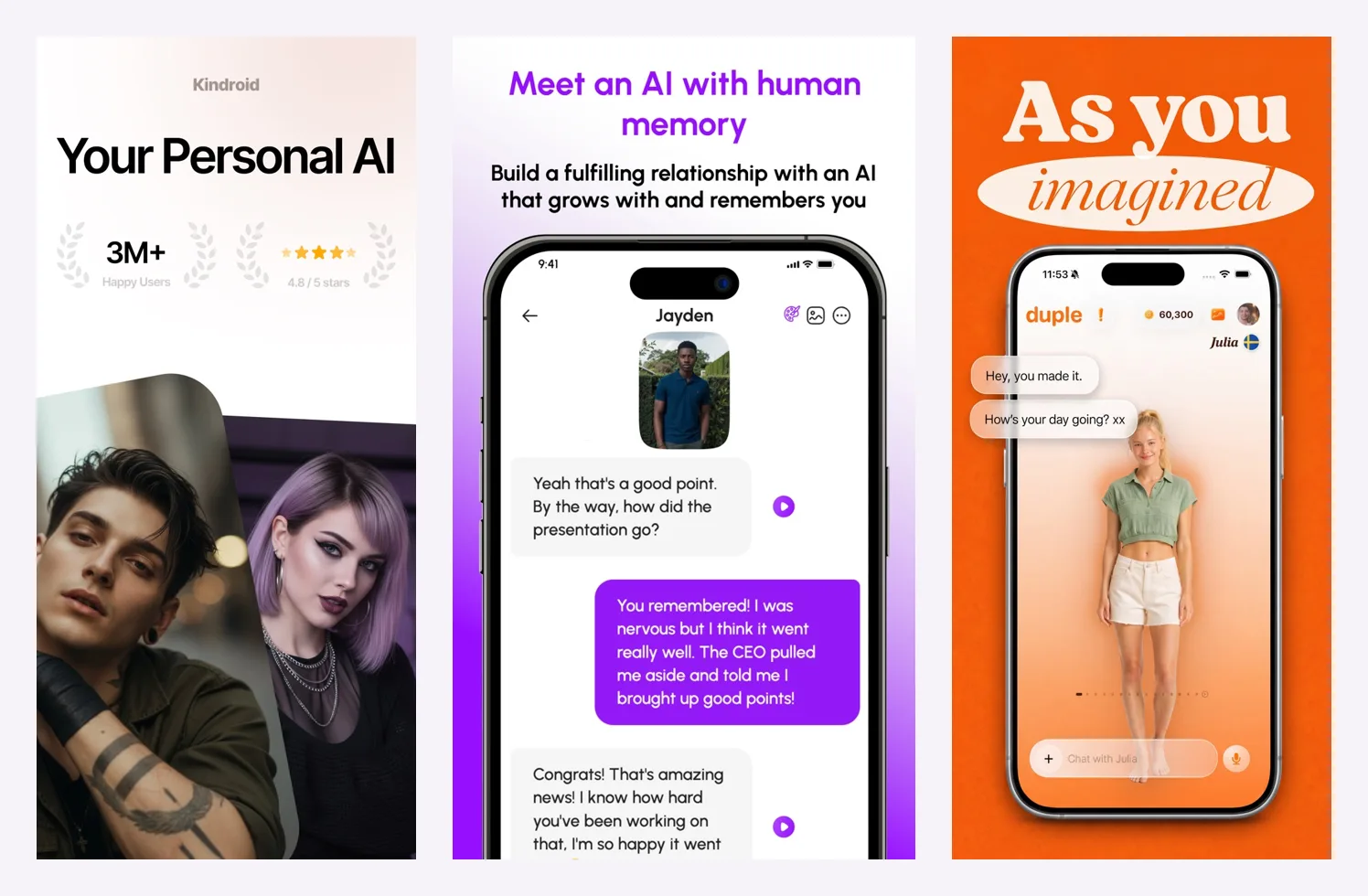 Three official App Store screenshots: Kindroid’s Your Personal AI title screen, a Nomi chat that remembers a presentation, and a Duple companion in chat