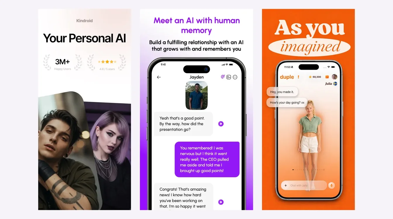 Official App Store screenshots of Kindroid, Nomi and Duple side by side