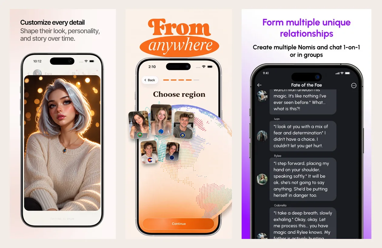 Three official App Store screenshots: Kindroid’s customise every detail screen, Duple’s choose region step, and a Nomi group chat