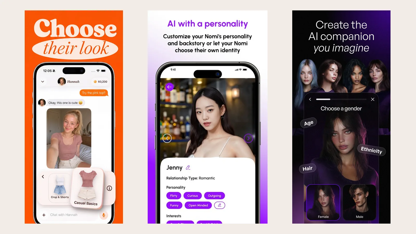 Three official App Store screenshots of AI girlfriend creators: Duple’s choose their look outfit picker, a Nomi personality and backstory screen set to Romantic, and EVA AI’s gender, age, ethnicity and hair creator