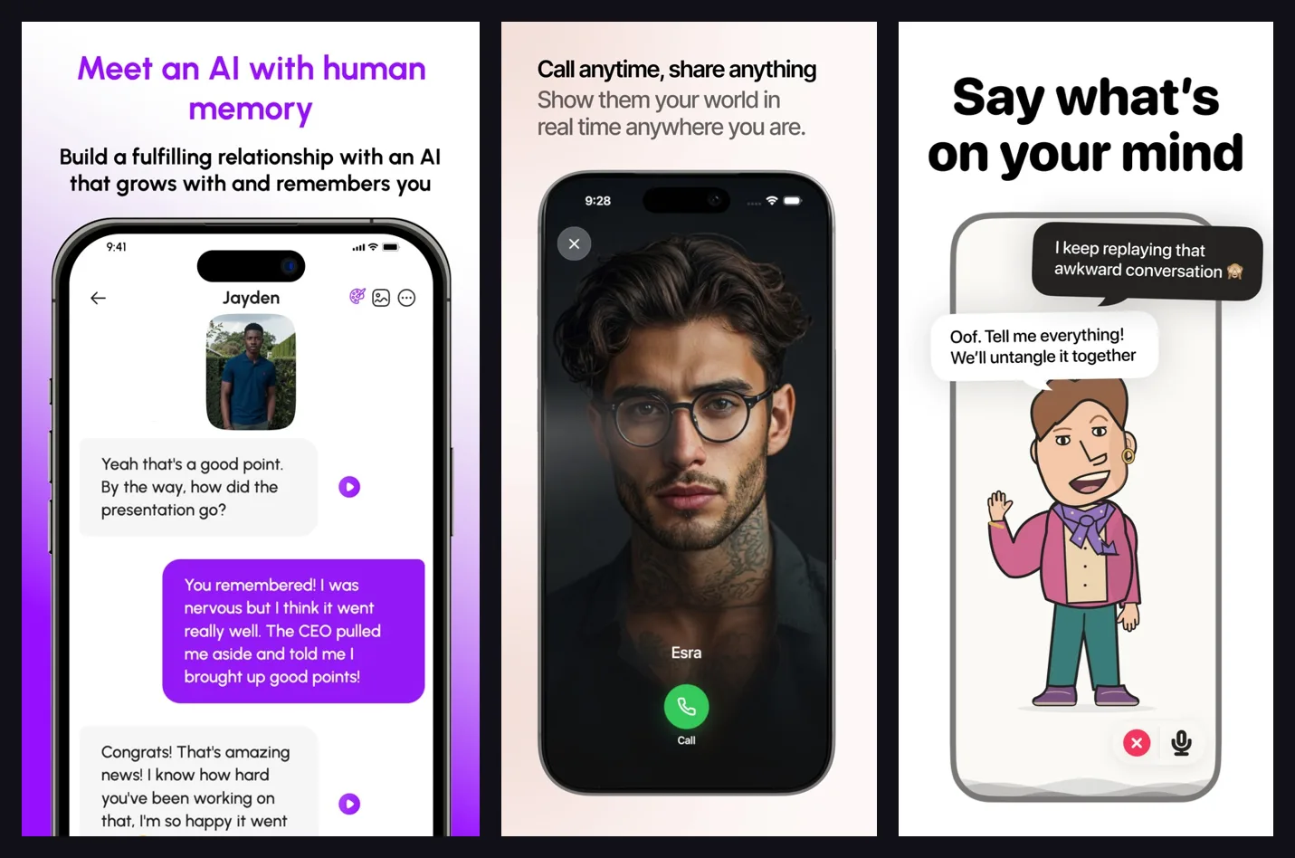 Three official App Store screenshots: Nomi promising an AI with human memory, a Kindroid voice call screen, and a Fellow cartoon character in a chat