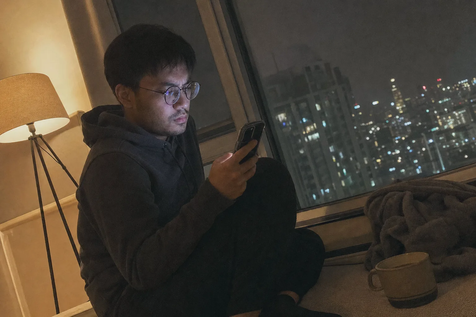 A man in glasses sitting on a window seat at night, looking thoughtfully at his phone beside a mug and a blanket