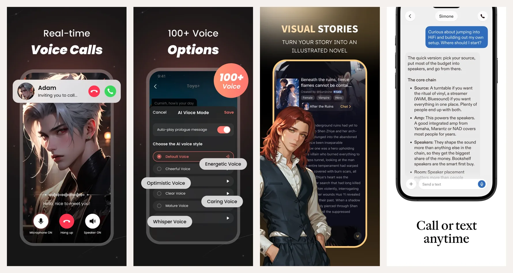 Four official App Store screenshots: a SynClub voice call, SynClub’s voice options, a Saylo visual story, and a Sesame text and call screen