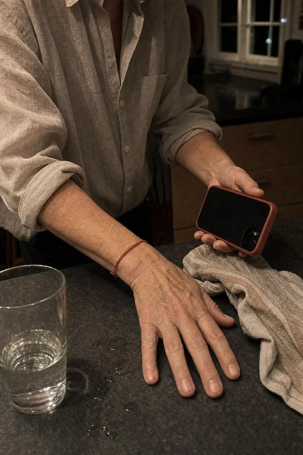 Hands at a kitchen bench at night beside a glass of water, phone held loosely