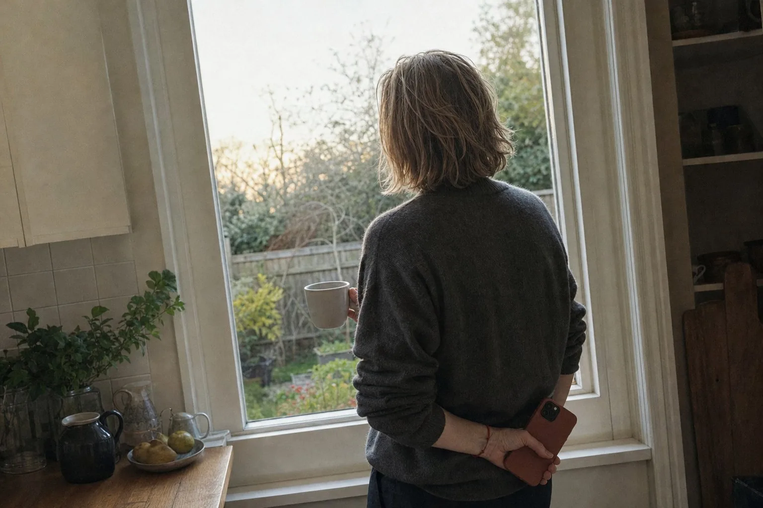 A woman seen from behind at a kitchen window in early morning, holding a coffee mug