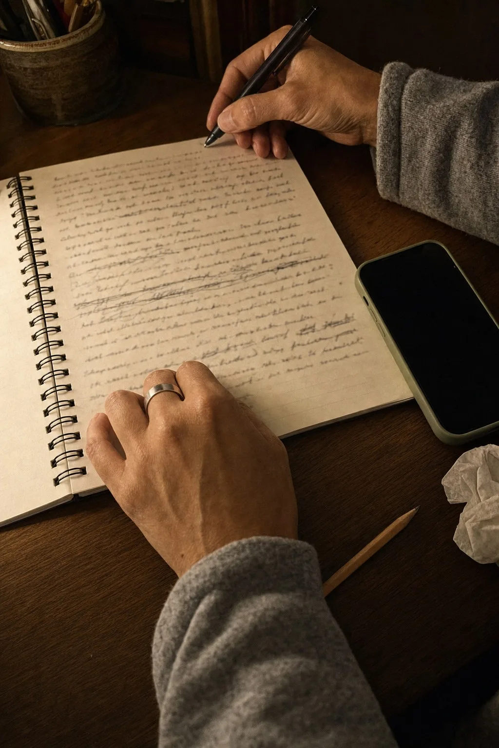 Hands with a pen over a notebook full of handwriting beside a phone, under a desk lamp