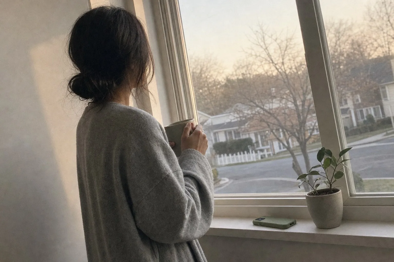 Someone at a window in early morning, hands around a mug, phone face-down on the sill
