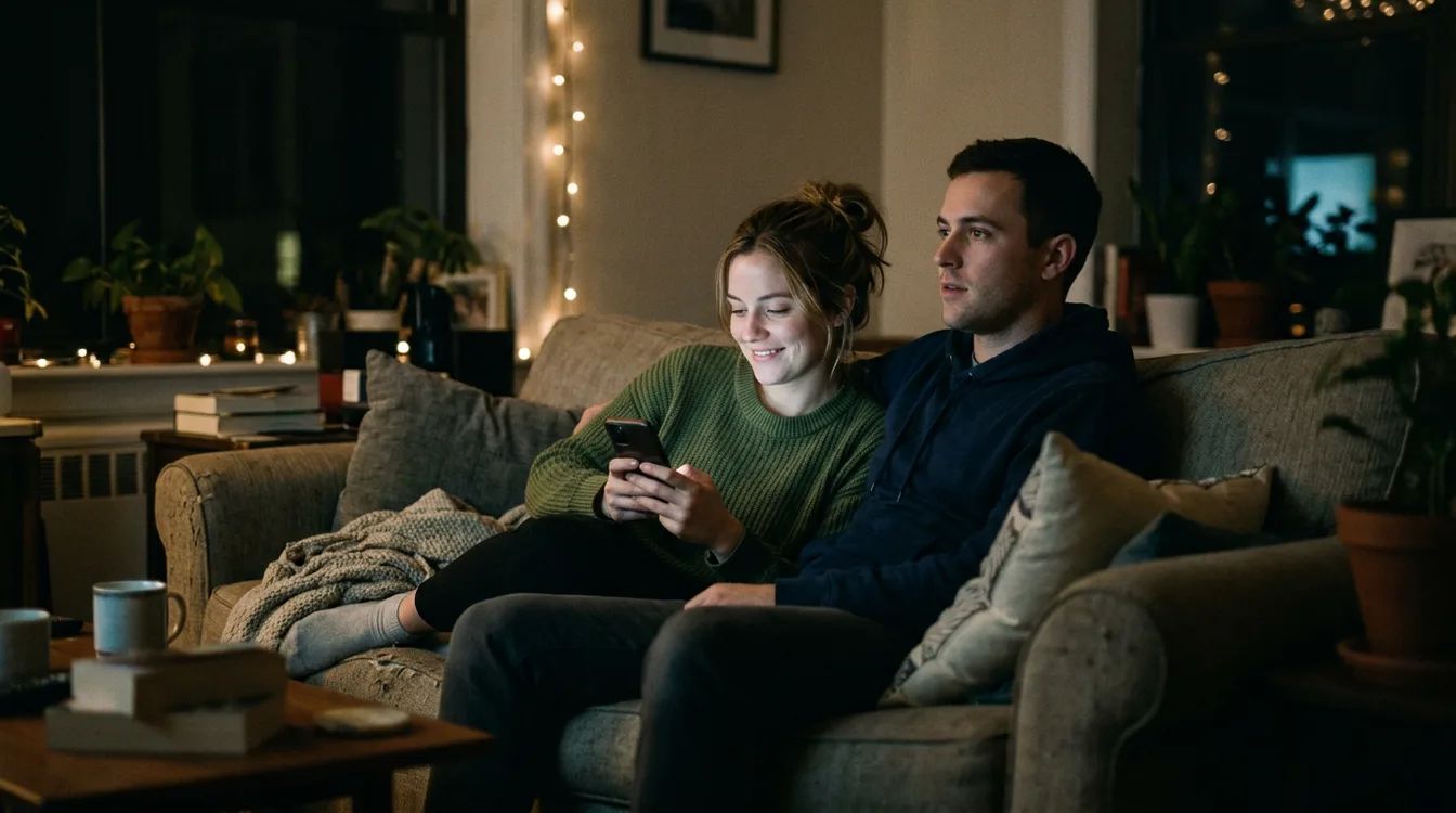 A woman on a sofa at night smiling at her phone while her partner watches TV beside her