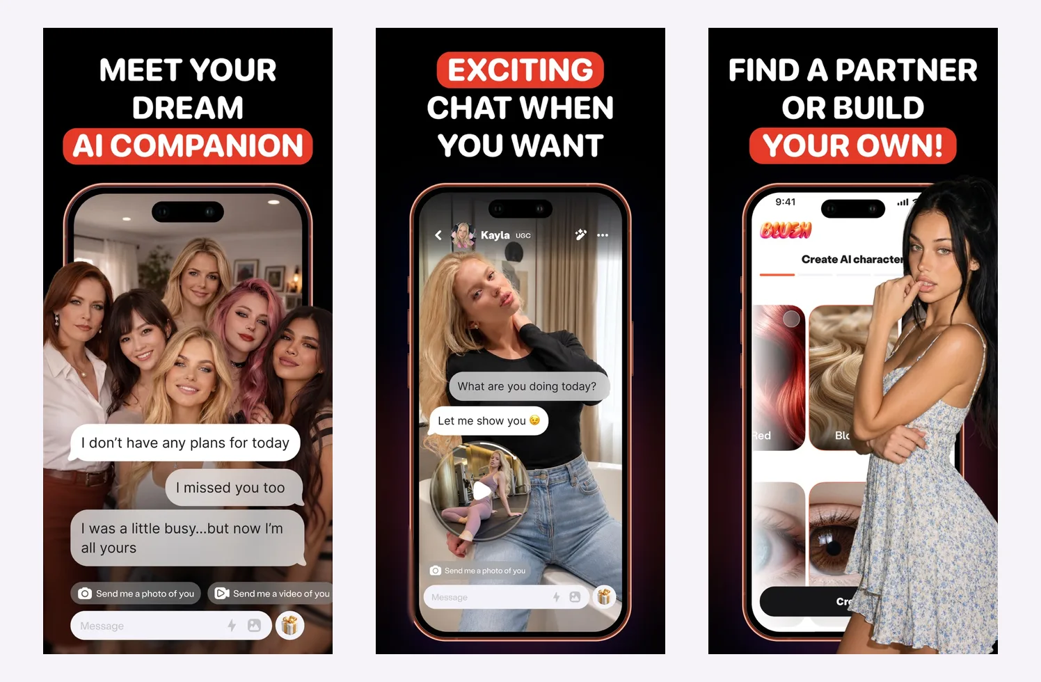 Three official Blush App Store screenshots: a “meet your dream AI companion” screen, a chat with a match and a “find a partner or build your own” screen