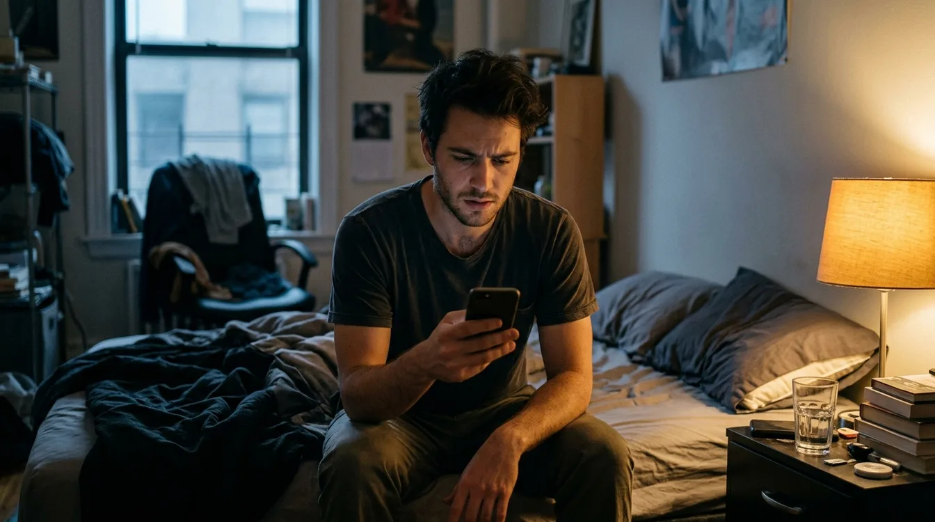 A young man sitting on the edge of his bed at dusk, frowning at his phone