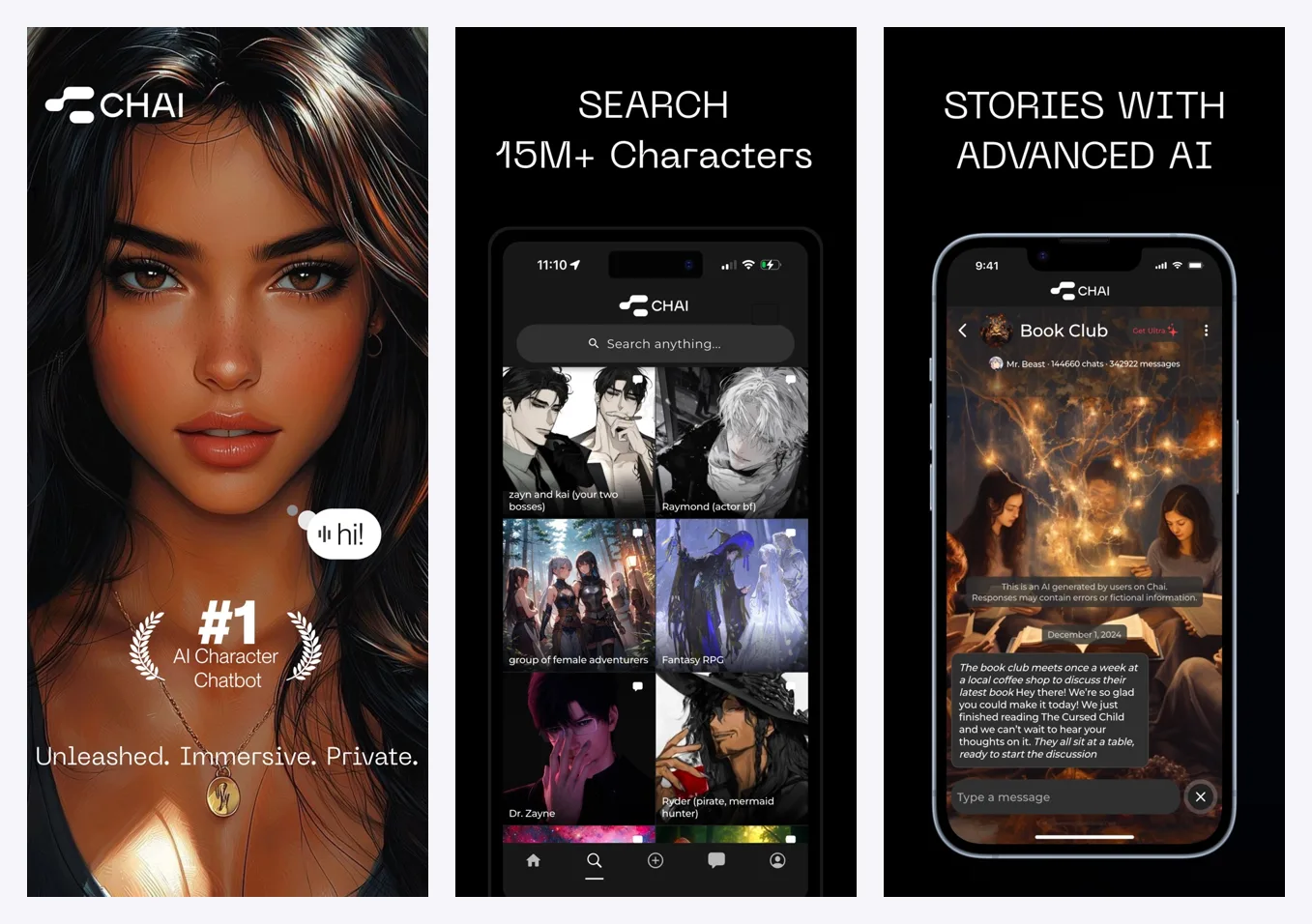 Three official CHAI App Store screenshots: the CHAI splash screen, character search and a story chat