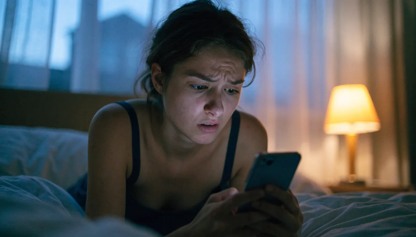 A woman lying in bed at night frowning at her phone by lamplight