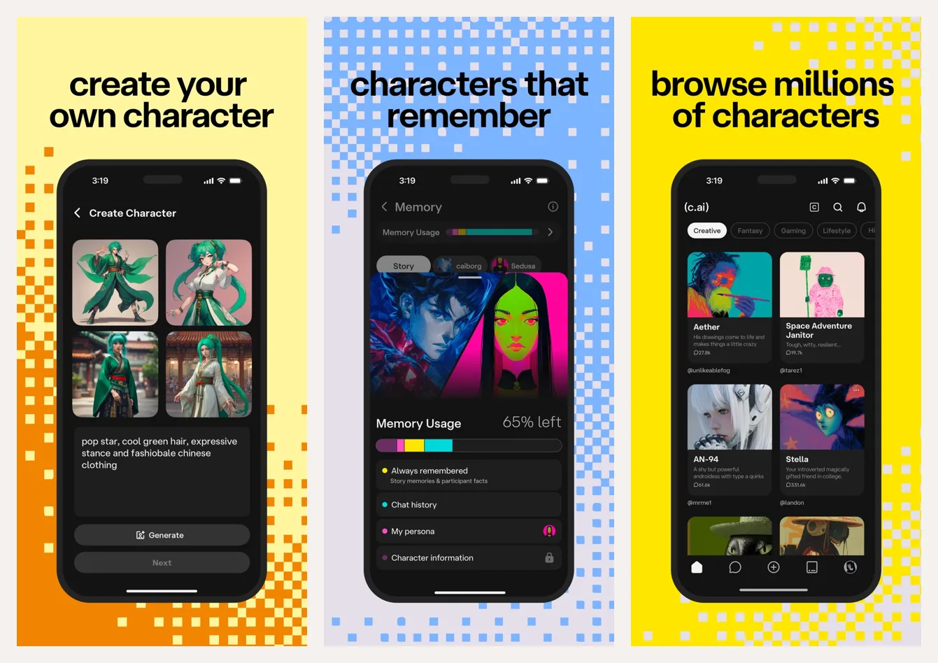 Three official Character.AI App Store screenshots: the character creator, a memory screen showing what a character remembers, and a grid of characters to browse