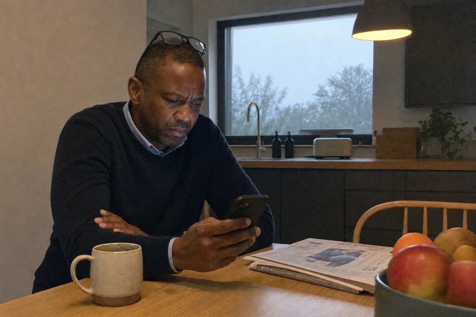 A man at a kitchen table in the early morning reading a long document on his phone beside a mug of coffee and a newspaper