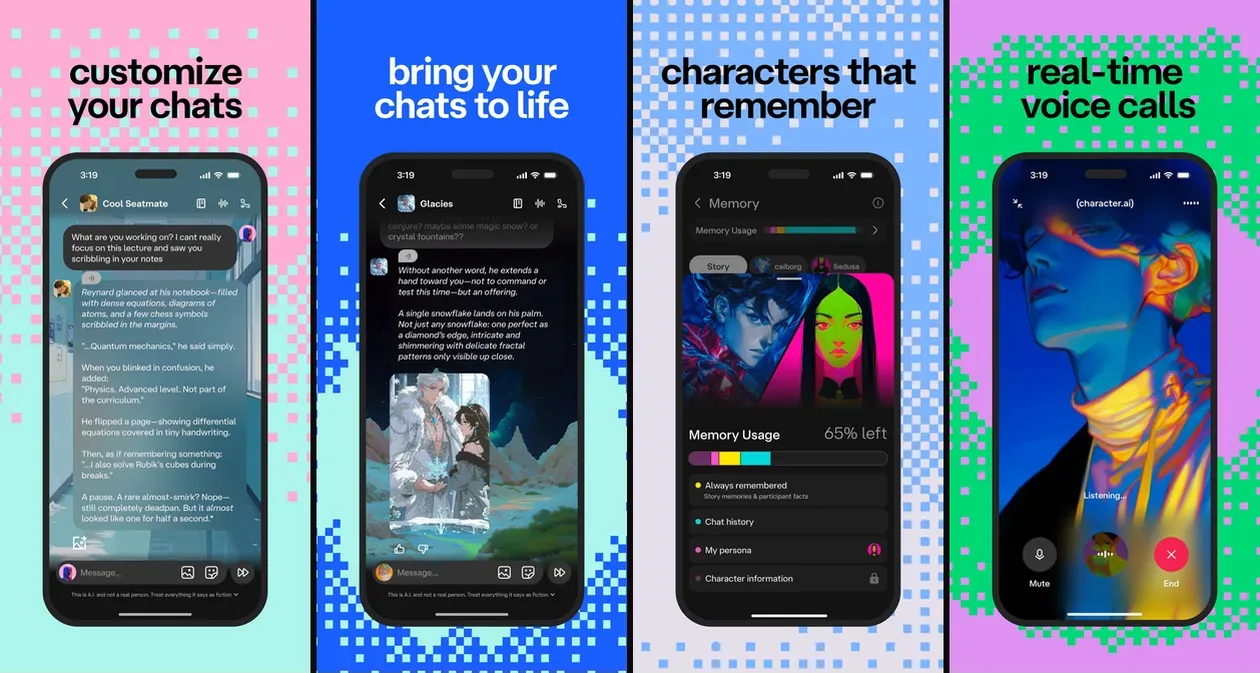 Four official Character.AI App Store screenshots showing chats, the memory screen and a voice call