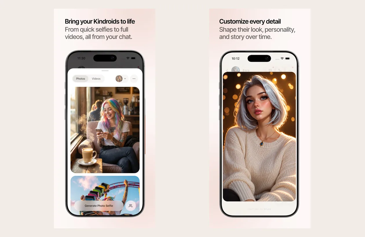 Official Kindroid App Store screenshots of the selfie and video gallery and the character customisation screen