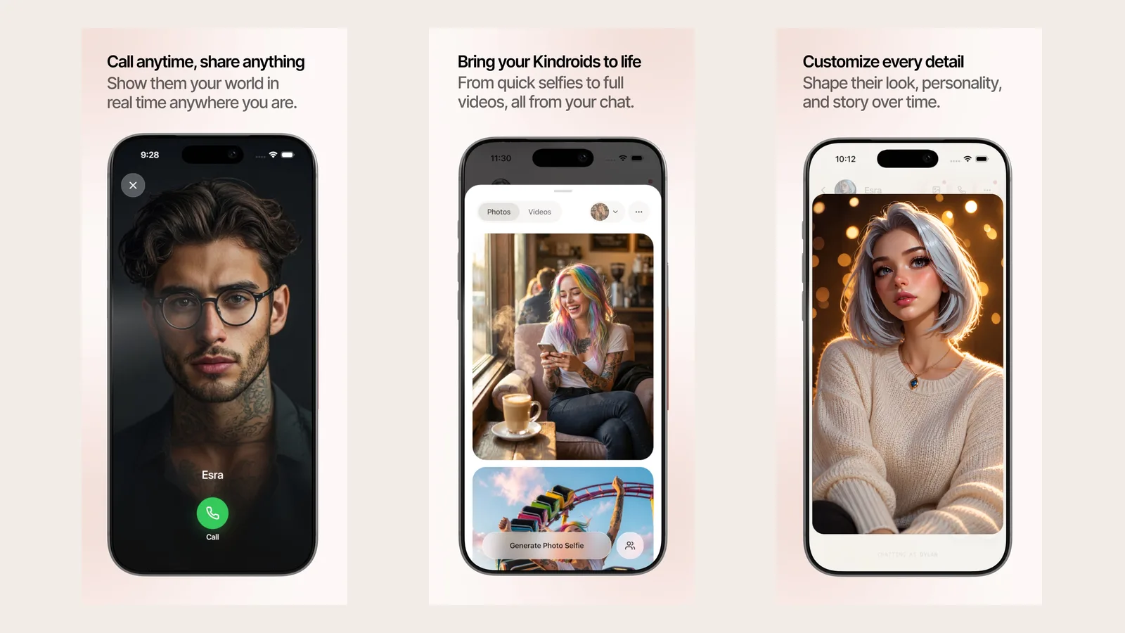Three official Kindroid App Store screenshots: a video call, a photo and video selfie gallery, and a character customisation screen