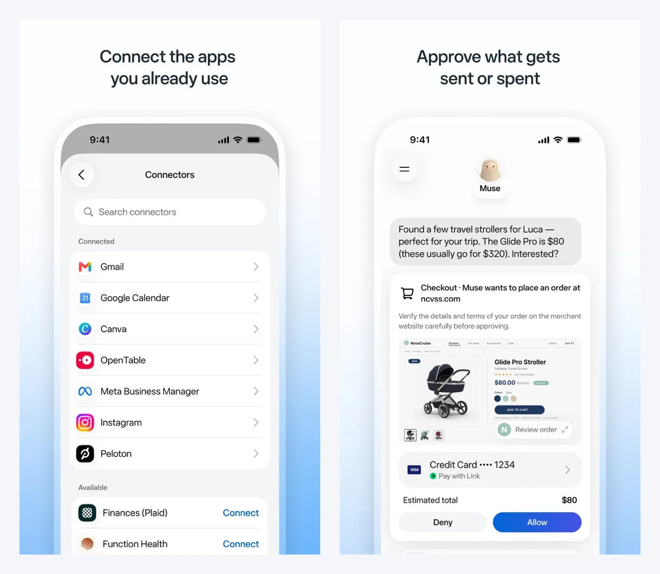 Two official Muse App Store screenshots: the Connectors list and an approval screen for a purchase