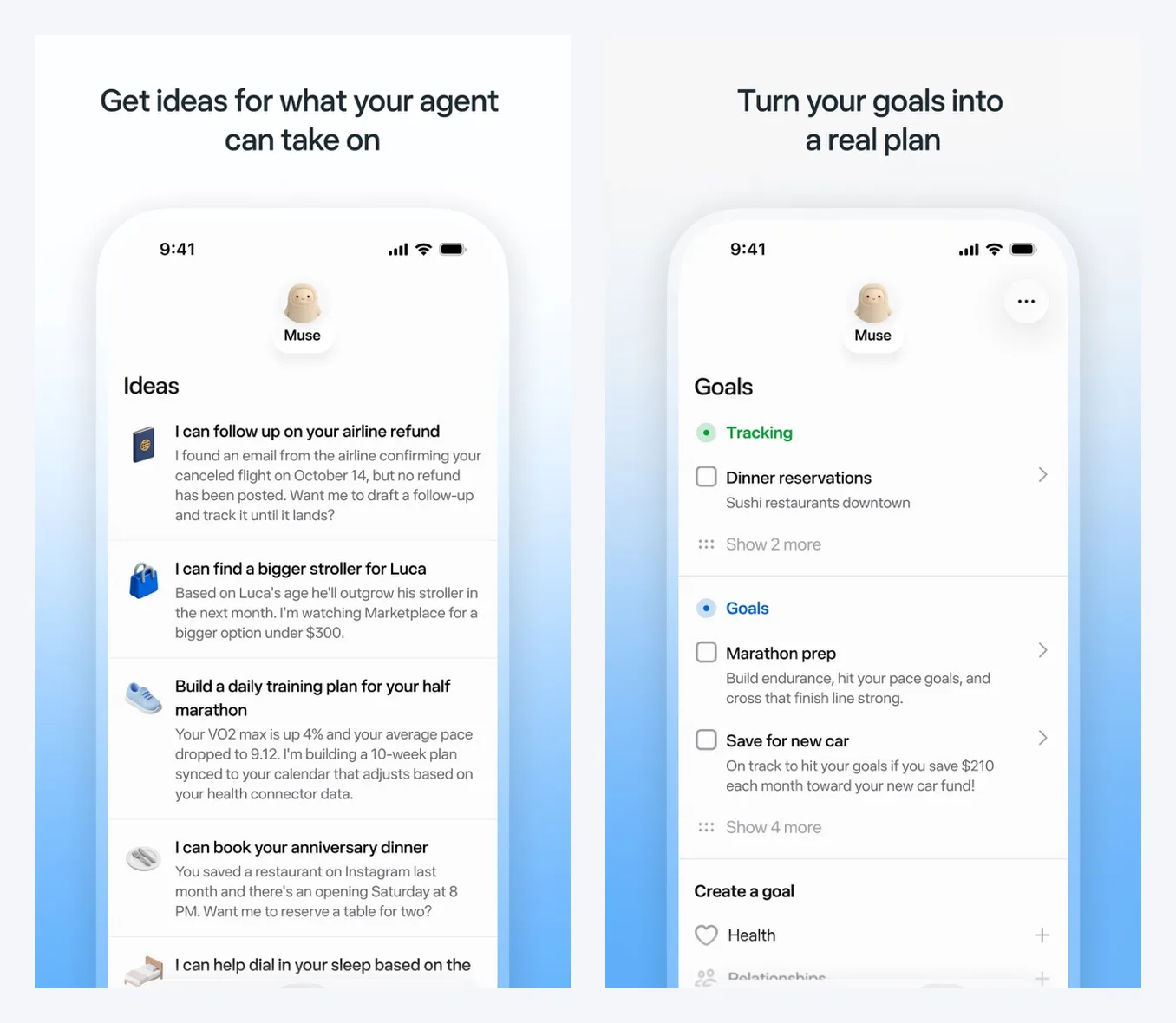 Two more official Muse App Store screenshots showing suggested tasks and a goals list