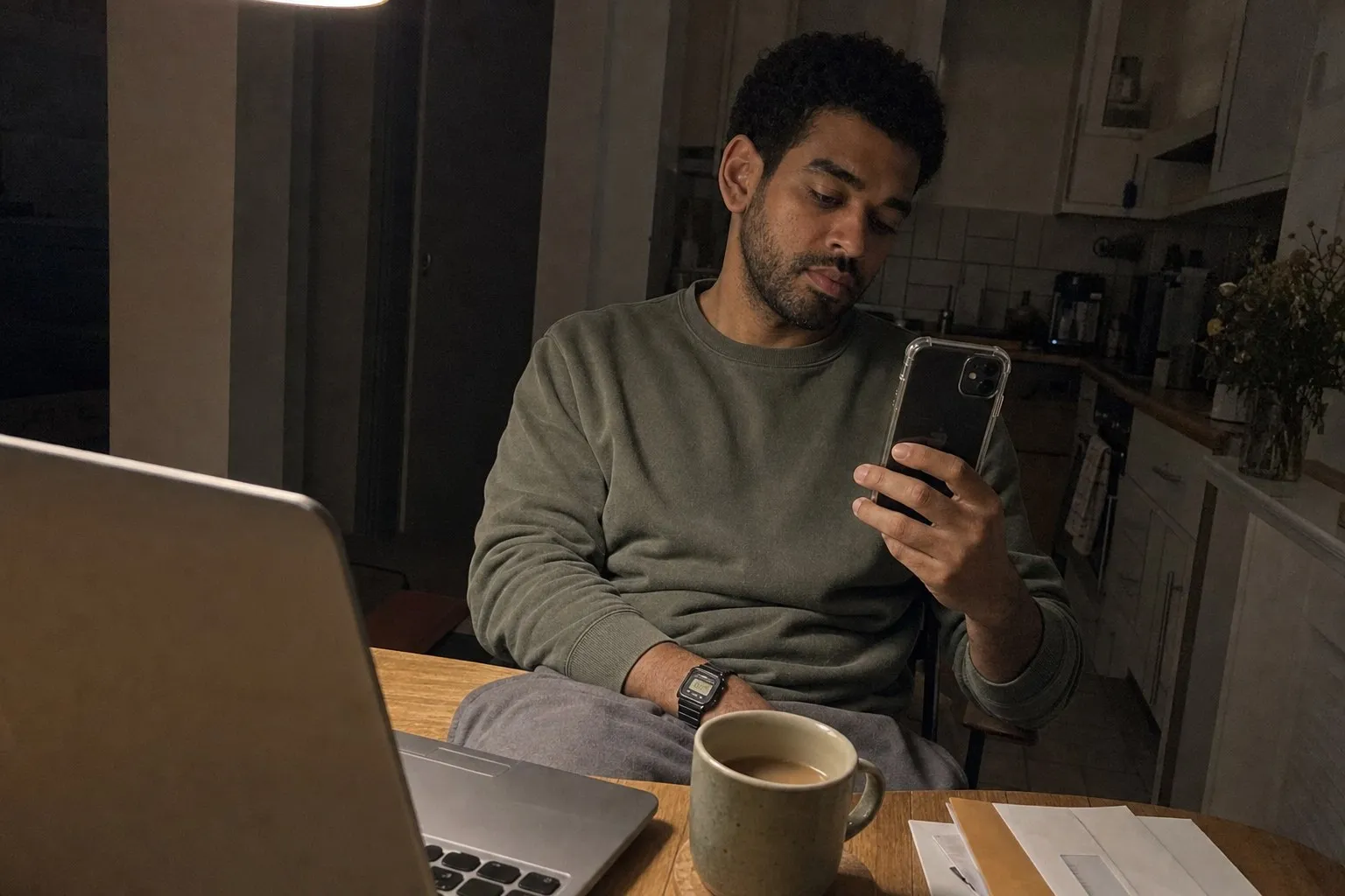A man at a kitchen table late in the evening, looking at his phone beside an open laptop