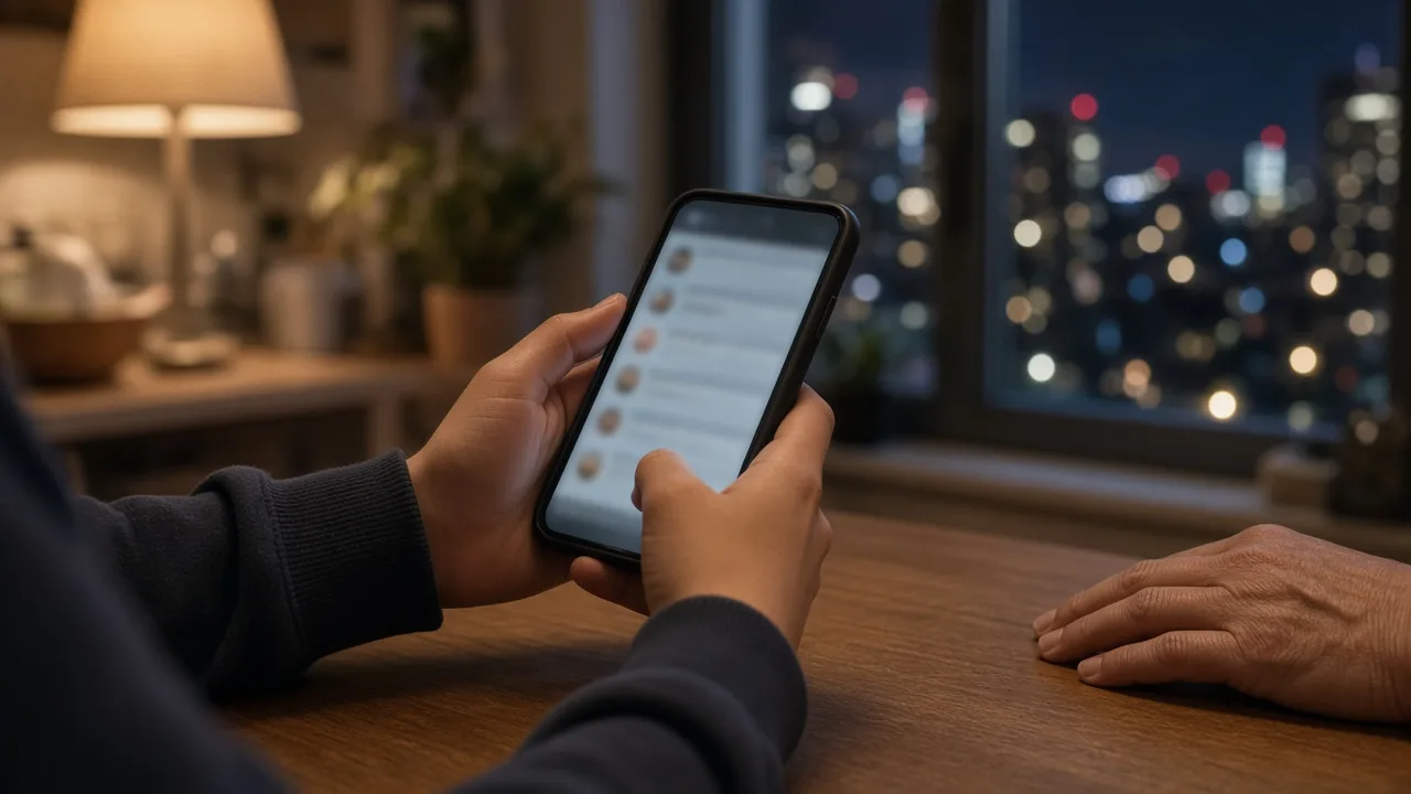 A teenager holding a phone with a chat app open at a kitchen table at night, a parent’s hand resting nearby