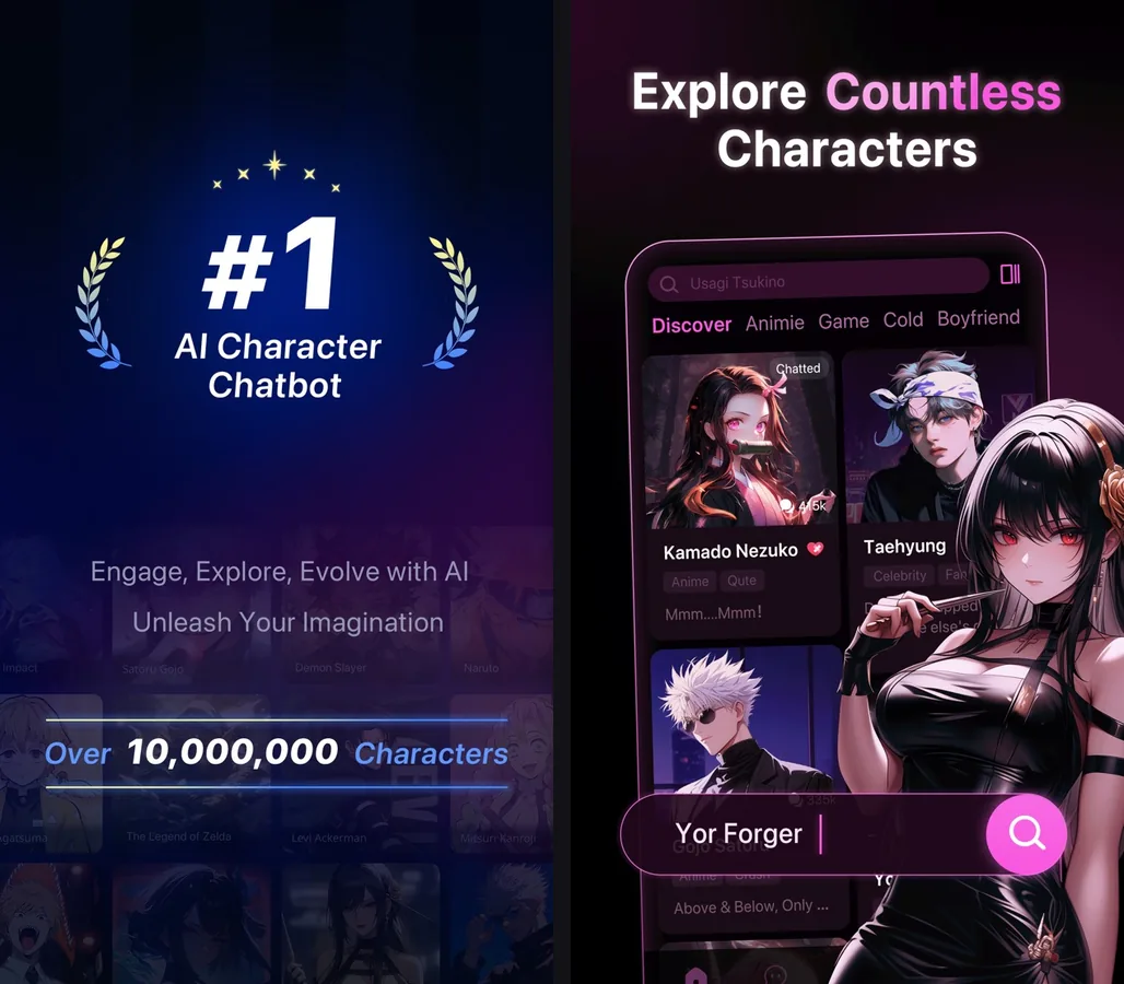 Two official PolyBuzz App Store screenshots showing character browse and chat