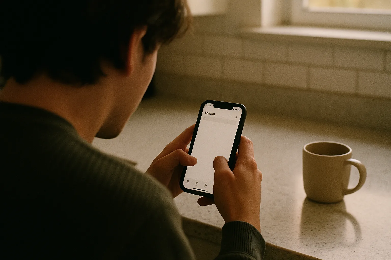 Hands holding a phone on a kitchen counter in morning light