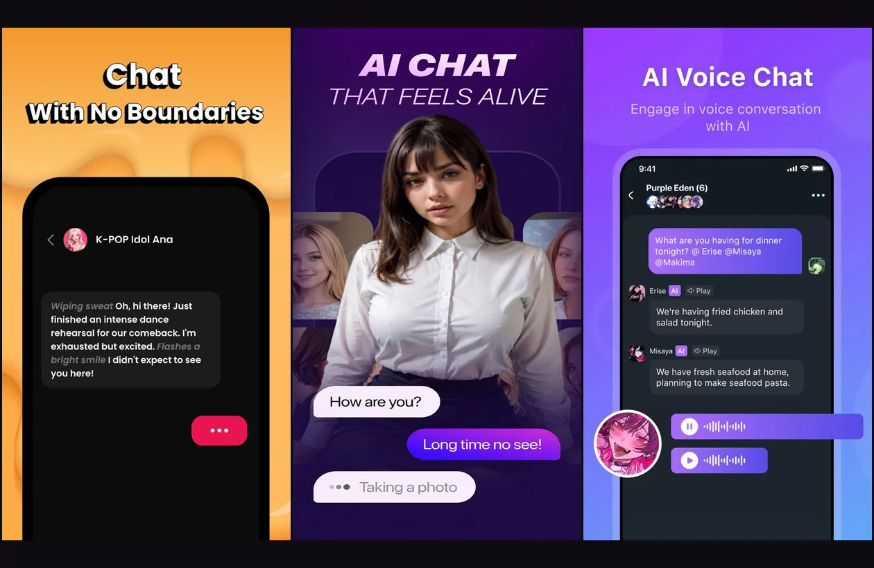 Official App Store screenshots of Soulplay’s chat screen, ChaChat’s home screen and HiWaifu’s voice chat screen