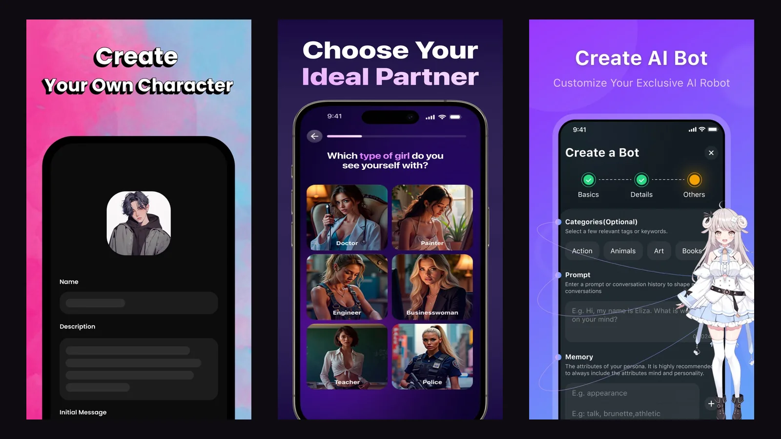 Three official App Store screenshots side by side: Soulplay’s character creator, ChaChat’s partner picker and HiWaifu’s bot builder