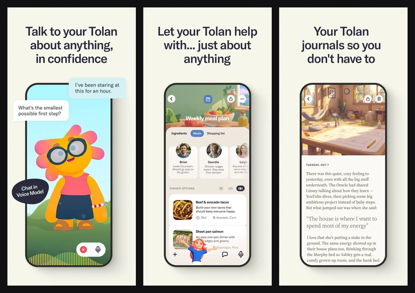 Three official Tolan App Store screenshots: talking to a Tolan in voice mode, a weekly meal plan, and a journal entry written by a Tolan
