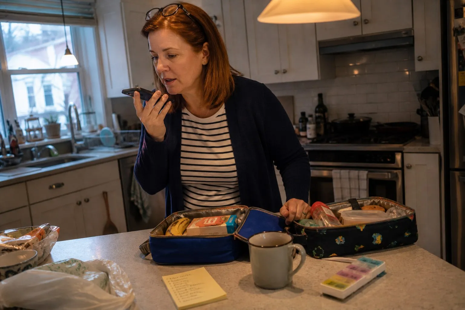 A woman in a kitchen early in the morning talking into her phone beside two half-packed lunchboxes and a grocery list