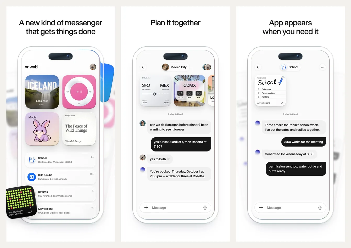 Three official Wabi App Store screenshots: the Wabi home screen with app tiles, a shared thread planning dinner in Mexico City, and a school app appearing in a thread