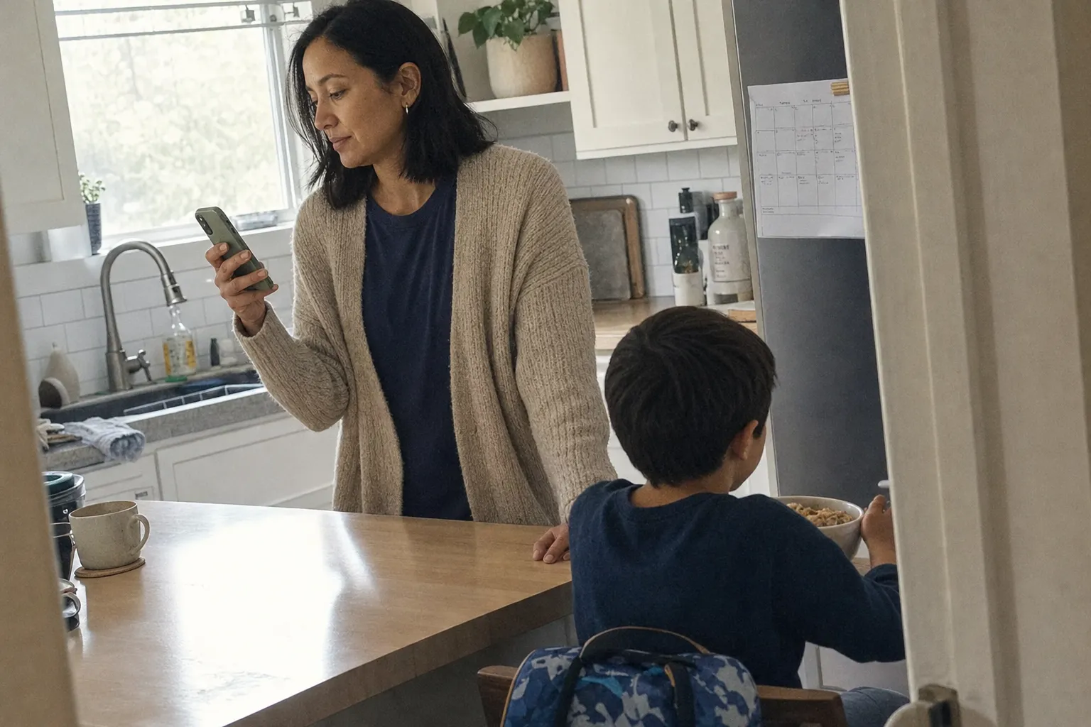 A woman checking her phone at a kitchen counter on a school morning while a child eats breakfast