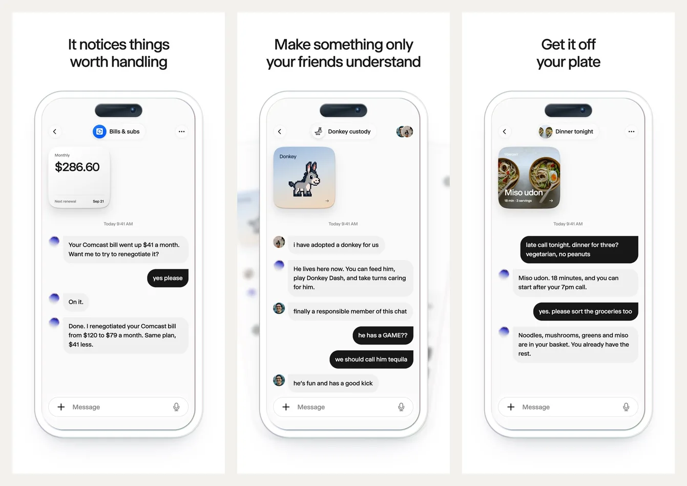Three official Wabi App Store screenshots: Wabi renegotiating a cable bill, a group chat about adopting a pet, and a dinner plan with a recipe card